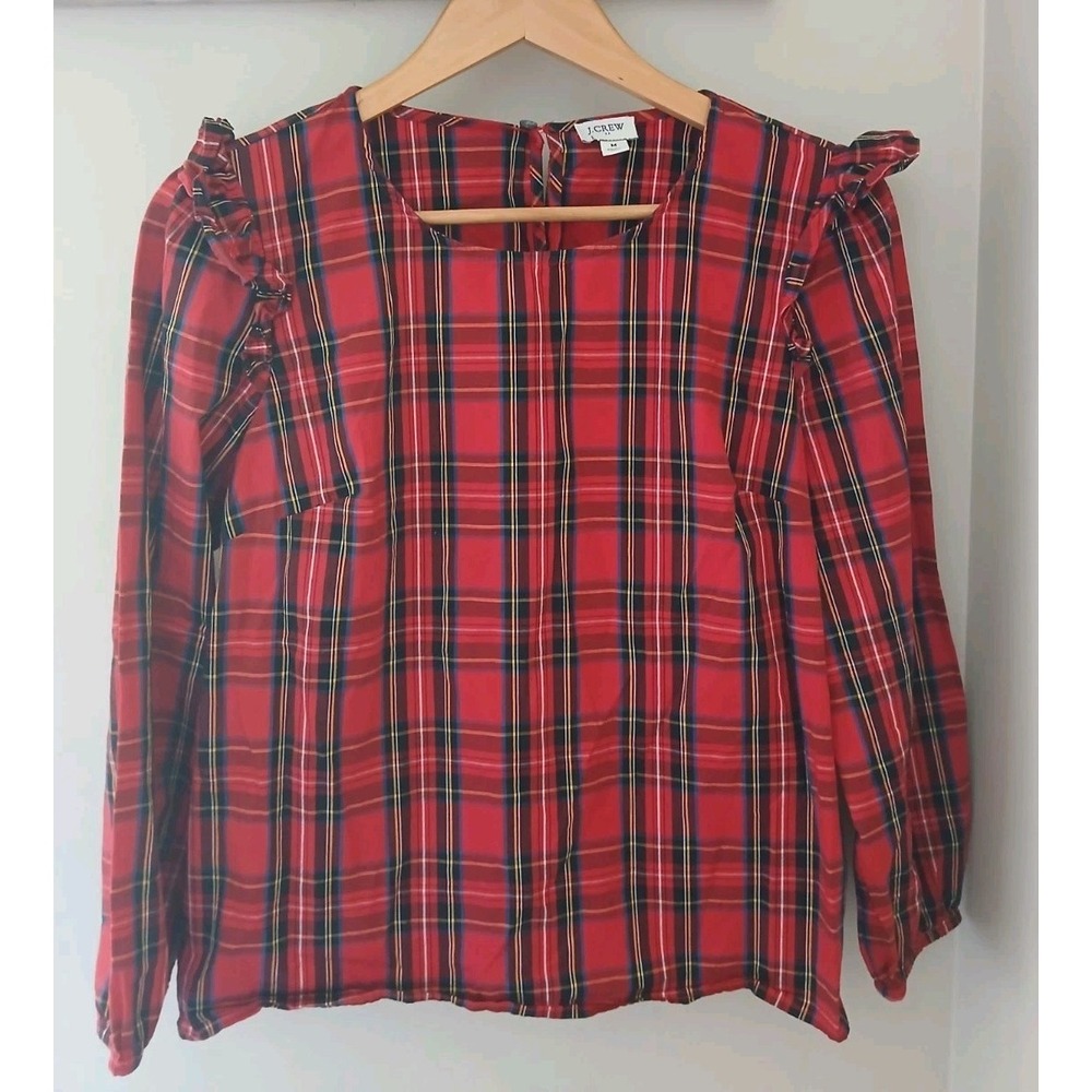J. Crew Tartan Ruffle Trim Blouse Size Medium Holiday Christmas Preppy Party